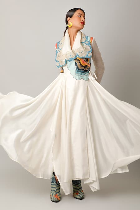 Shop Jajaabor Ivory Cotton, Silk Fringe, Cut Thread Embroidered Collar Angarkha And Pant Set Online at Aza Fashions Shop_Jajaabor_Ivory Cotton, Silk Fringe, Cut Thread Embroidered Collar Angarkha And Pant Set _Online_at_Aza_Fashions