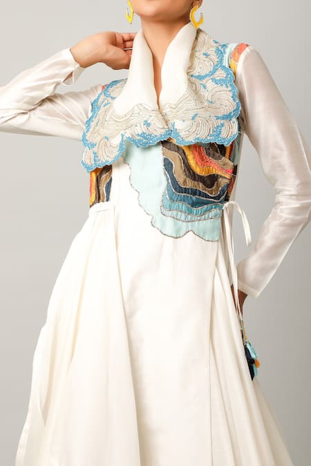 Jajaabor Ivory Cotton, Silk Fringe, Cut Thread Embroidered Collar Angarkha And Pant Set at Aza Fashions Jajaabor_Ivory Cotton, Silk Fringe, Cut Thread Embroidered Collar Angarkha And Pant Set _at_Aza_Fashions