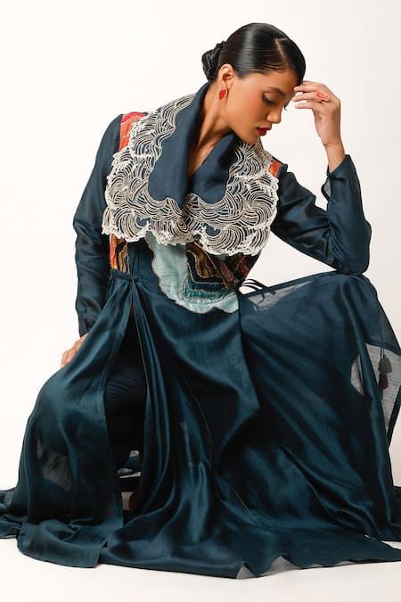 Shop Jajaabor Blue Cotton, Silk Fringe, Embroidery Thread Work Collar Angarkha And Pant Set Online at Aza Fashions Shop_Jajaabor_Blue Cotton, Silk Fringe, Embroidery Thread Work Collar Angarkha And Pant Set _Online_at_Aza_Fashions