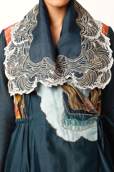 Jajaabor Blue Cotton, Silk Fringe, Embroidery Thread Work Collar Angarkha And Pant Set at Aza Fashions Jajaabor_Blue Cotton, Silk Fringe, Embroidery Thread Work Collar Angarkha And Pant Set _at_Aza_Fashions