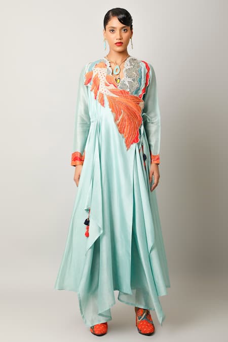 Jajaabor_Blue Silk Chanderi Embroidered And Printed Applique Work Yoke Angarkha & Pant Set _Online_at_Aza_Fashions