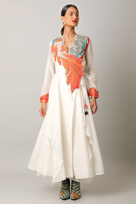 Jajaabor_Ivory Silk Chanderi Embroidered And Printed Applique Surplice Angarkha & Pant Set _Online_at_Aza_Fashions