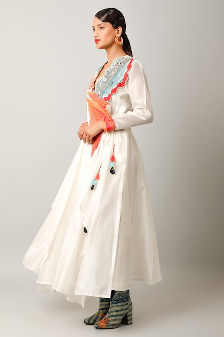 Buy_Jajaabor_Ivory Silk Chanderi Embroidered And Printed Applique Surplice Angarkha & Pant Set _Online_at_Aza_Fashions