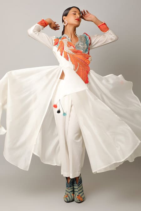 Shop_Jajaabor_Ivory Silk Chanderi Embroidered And Printed Applique Surplice Angarkha & Pant Set _Online_at_Aza_Fashions