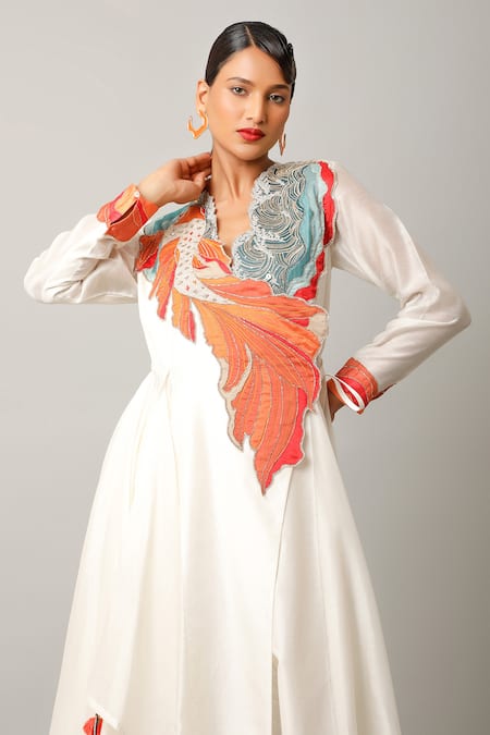 Buy_Jajaabor_Ivory Silk Chanderi Embroidered And Printed Applique Surplice Angarkha & Pant Set 