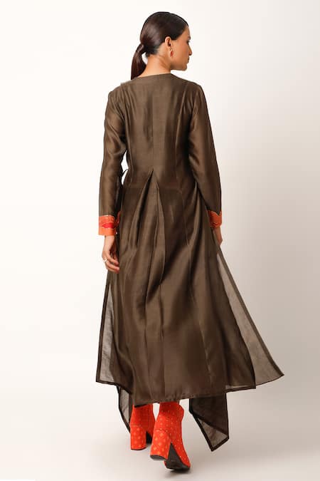 Shop_Jajaabor_Brown Silk Chanderi Embroidered And Printed Thread Work Angarkha & Pant Set _at_Aza_Fashions