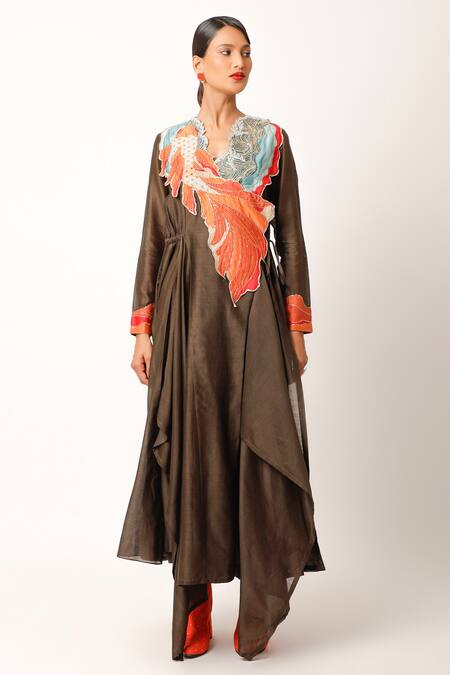 Jajaabor_Brown Silk Chanderi Embroidered And Printed Thread Work Angarkha & Pant Set _Online_at_Aza_Fashions