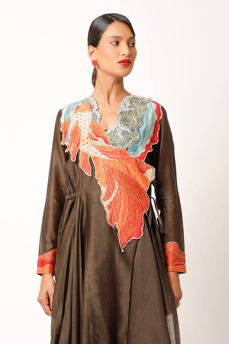 Buy_Jajaabor_Brown Silk Chanderi Embroidered And Printed Thread Work Angarkha & Pant Set _Online_at_Aza_Fashions