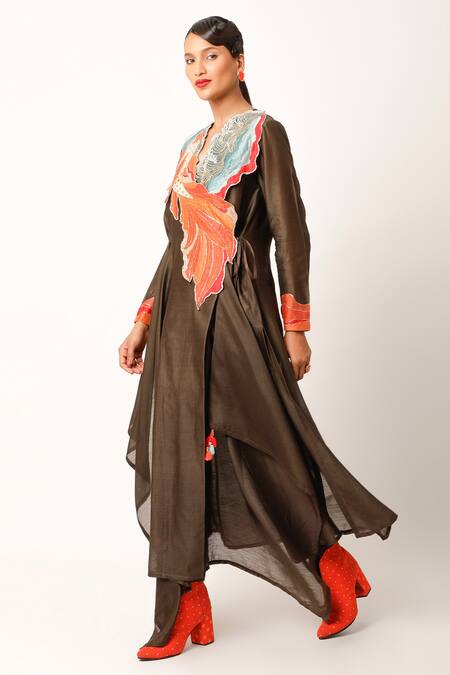 Shop_Jajaabor_Brown Silk Chanderi Embroidered And Printed Thread Work Angarkha & Pant Set _Online_at_Aza_Fashions
