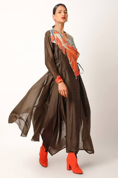 Jajaabor_Brown Silk Chanderi Embroidered And Printed Thread Work Angarkha & Pant Set _at_Aza_Fashions