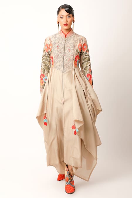 Jajaabor Foliage Embroidered Asymmetric Kurta & Pant Set 