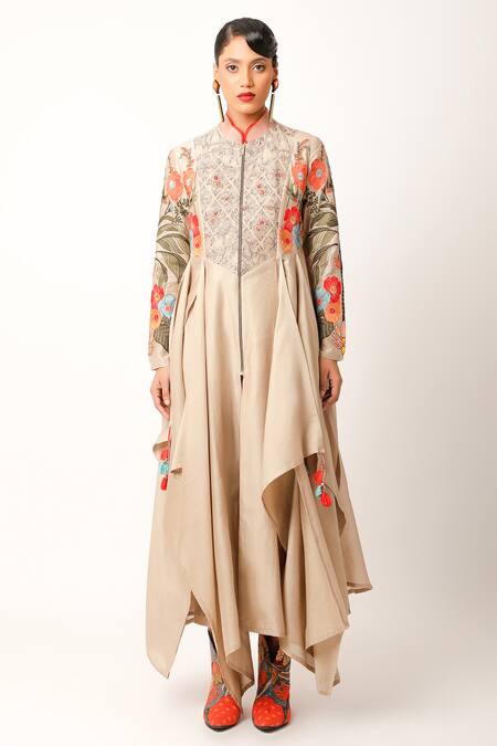 Jajaabor_Beige Cotton, Silk Fringe Foliage Embroidered Asymmetric Kurta And Pant Set _Online_at_Aza_Fashions