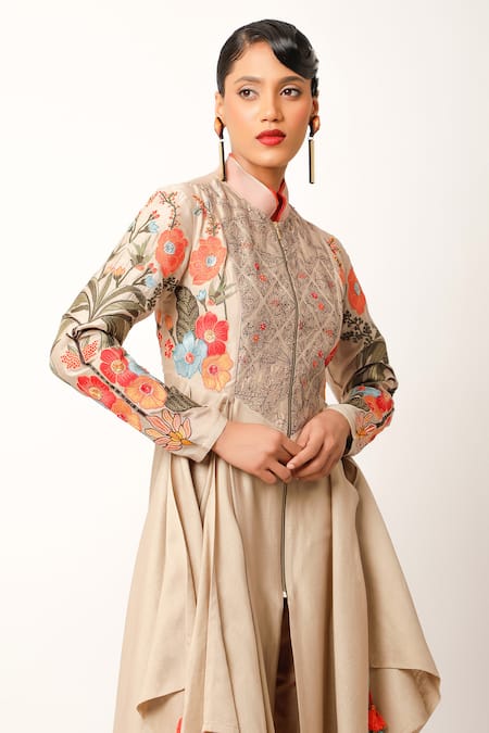 Shop_Jajaabor_Beige Cotton, Silk Fringe Foliage Embroidered Asymmetric Kurta And Pant Set _Online_at_Aza_Fashions