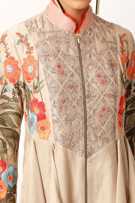 Jajaabor_Beige Cotton, Silk Fringe Foliage Embroidered Asymmetric Kurta And Pant Set _at_Aza_Fashions