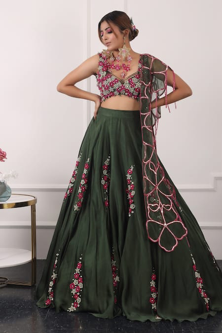 Kiran Kalsi Green Net, Satin Embroidery, Sequins Sweetheart Neck 3d Floral Lehenga Set 