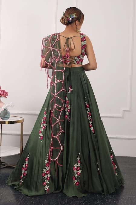 Shop Kiran Kalsi Green Net, Satin Embroidery, Sequins Sweetheart Neck 3d Floral Lehenga Set at Aza Fashions Shop_Kiran Kalsi_Green Net, Satin Embroidery, Sequins Sweetheart Neck 3d Floral Lehenga Set _at_Aza_Fashions