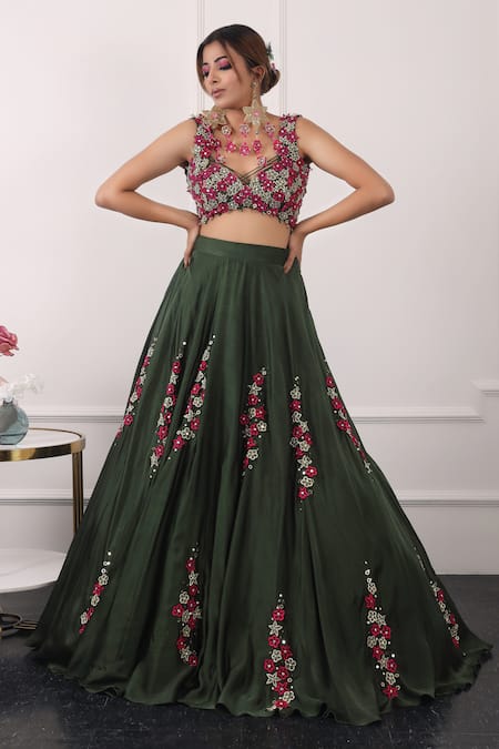 Kiran Kalsi Green Net, Satin Embroidery, Sequins Sweetheart Neck 3d Floral Lehenga Set Online at Aza Fashions Kiran Kalsi_Green Net, Satin Embroidery, Sequins Sweetheart Neck 3d Floral Lehenga Set _Online_at_Aza_Fashions