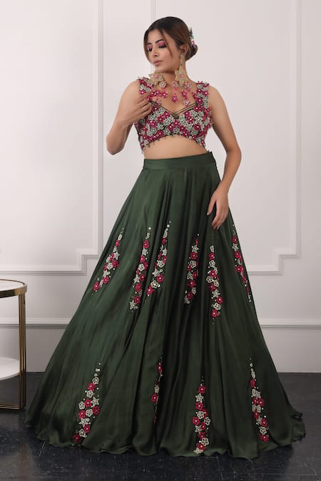 Shop Kiran Kalsi Green Net, Satin Embroidery, Sequins Sweetheart Neck 3d Floral Lehenga Set Online at Aza Fashions Shop_Kiran Kalsi_Green Net, Satin Embroidery, Sequins Sweetheart Neck 3d Floral Lehenga Set _Online_at_Aza_Fashions