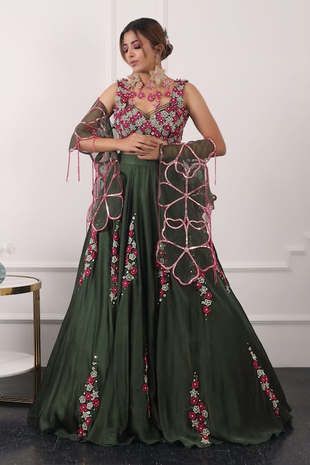 Kiran Kalsi Green Net, Satin Embroidery, Sequins Sweetheart Neck 3d Floral Lehenga Set at Aza Fashions Kiran Kalsi_Green Net, Satin Embroidery, Sequins Sweetheart Neck 3d Floral Lehenga Set _at_Aza_Fashions