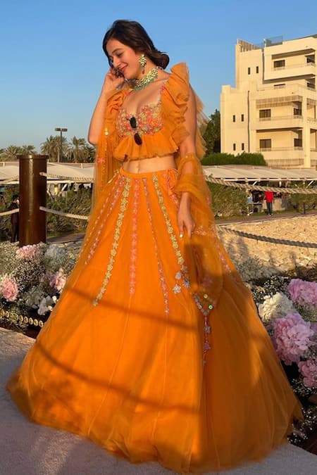 Kiran Kalsi Orange Net Embroidery Sweetheart Neck Floral Hand Lehenga Set 