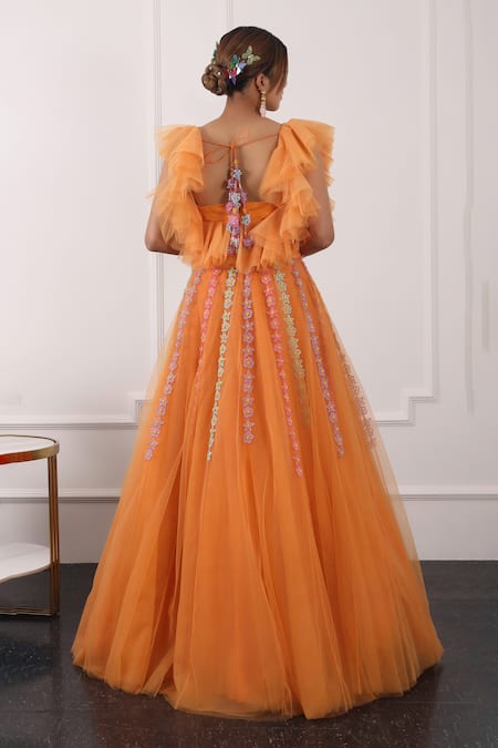 Shop Kiran Kalsi Orange Net Embroidery Sweetheart Neck Floral Hand Lehenga Set at Aza Fashions Shop_Kiran Kalsi_Orange Net Embroidery Sweetheart Neck Floral Hand Lehenga Set _at_Aza_Fashions