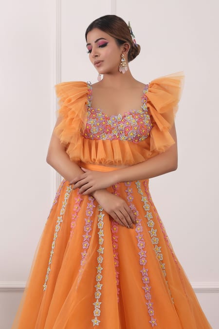 Kiran Kalsi Orange Net Embroidery Sweetheart Neck Floral Hand Lehenga Set Online at Aza Fashions Kiran Kalsi_Orange Net Embroidery Sweetheart Neck Floral Hand Lehenga Set _Online_at_Aza_Fashions