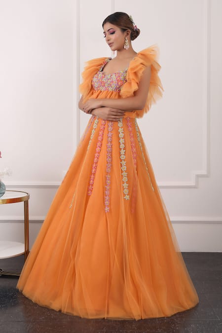 Buy Kiran Kalsi Orange Net Embroidery Sweetheart Neck Floral Hand Lehenga Set Online at Aza Fashions Buy_Kiran Kalsi_Orange Net Embroidery Sweetheart Neck Floral Hand Lehenga Set _Online_at_Aza_Fashions