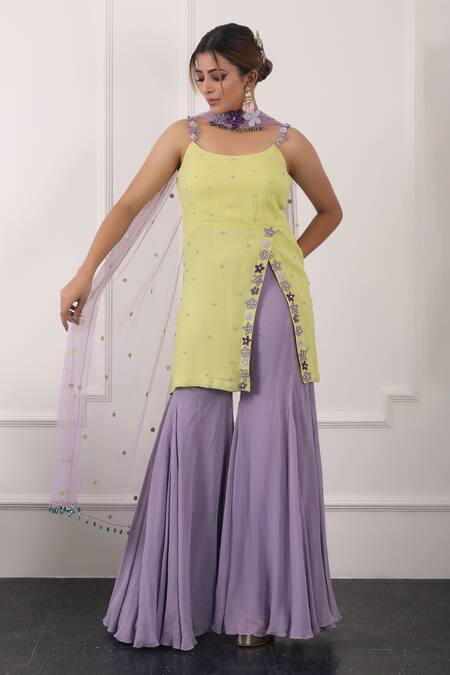 Shop_Kiran Kalsi_Green Georgette, Net Embroidery, Sequins Scoop Neck Floral Kurta Sharara Set _Online_at_Aza_Fashions