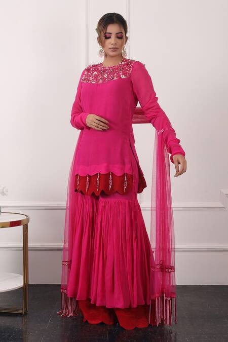 Kiran Kalsi_Pink Georgette, Net Sequins Scoop 3d Flower Embroidered Yoke Kurta Gharara Set_Online_at_Aza_Fashions