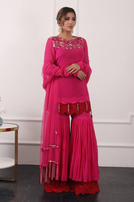 Buy_Kiran Kalsi_Pink Georgette, Net Sequins Scoop 3d Flower Embroidered Yoke Kurta Gharara Set_Online_at_Aza_Fashions