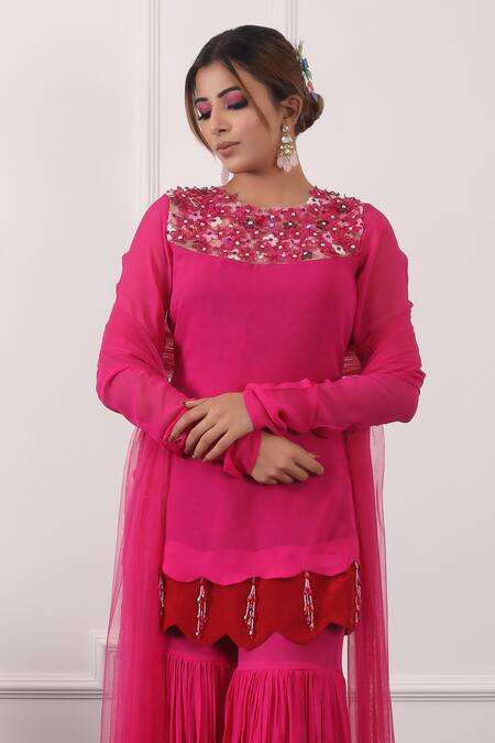 Shop_Kiran Kalsi_Pink Georgette, Net Sequins Scoop 3d Flower Embroidered Yoke Kurta Gharara Set_Online_at_Aza_Fashions