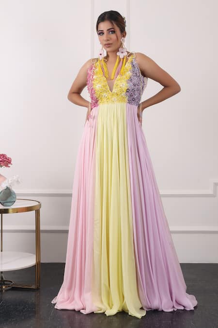 Kiran Kalsi Multi Color Chiffon Embroidery V-neck Floral Bodice Gown 