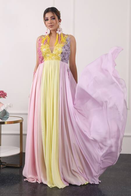 Shop Kiran Kalsi Multi Color Chiffon Embroidery V-neck Floral Bodice Gown Online at Aza Fashions Shop_Kiran Kalsi_Multi Color Chiffon Embroidery V-neck Floral Bodice Gown _Online_at_Aza_Fashions