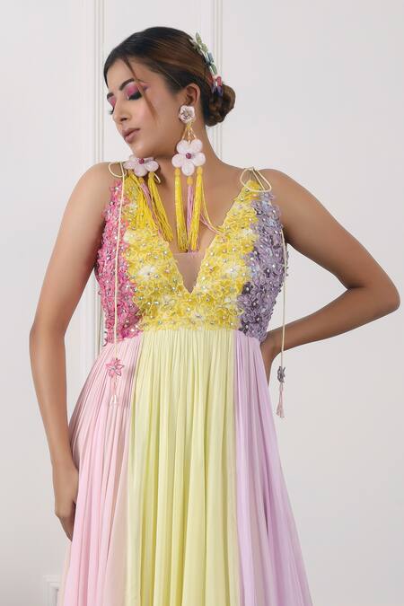 Kiran Kalsi Multi Color Chiffon Embroidery V-neck Floral Bodice Gown at Aza Fashions Kiran Kalsi_Multi Color Chiffon Embroidery V-neck Floral Bodice Gown _at_Aza_Fashions