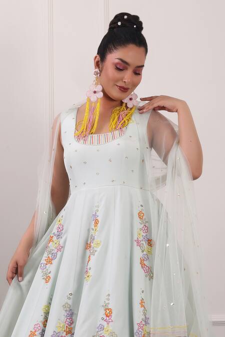 Kiran Kalsi_Green Crepe, Net Embroidery, Sequins Round Neck Floral Anarkali With Dupatta_Online_at_Aza_Fashions