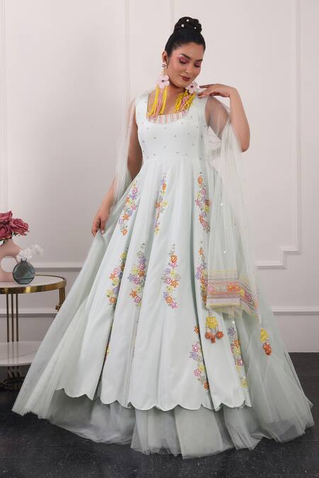 Buy_Kiran Kalsi_Green Crepe, Net Embroidery, Sequins Round Neck Floral Anarkali With Dupatta_Online_at_Aza_Fashions