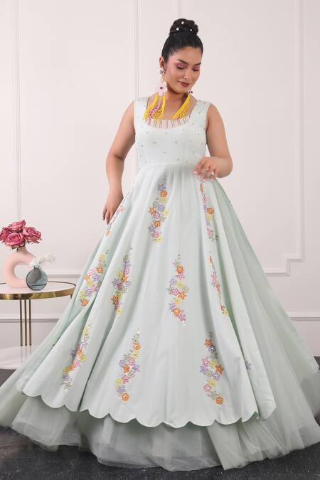 Shop_Kiran Kalsi_Green Crepe, Net Embroidery, Sequins Round Neck Floral Anarkali With Dupatta_Online_at_Aza_Fashions