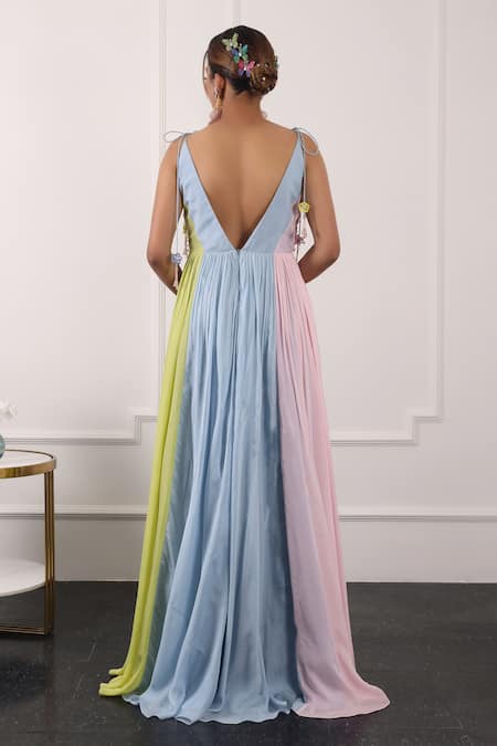 Shop Kiran Kalsi Multi Color Chiffon Embroidery V-neck Floral Bodice Gown at Aza Fashions Shop_Kiran Kalsi_Multi Color Chiffon Embroidery V-neck Floral Bodice Gown _at_Aza_Fashions