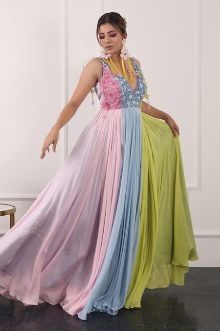 Kiran Kalsi Multi Color Chiffon Embroidery V-neck Floral Bodice Gown Online at Aza Fashions Kiran Kalsi_Multi Color Chiffon Embroidery V-neck Floral Bodice Gown _Online_at_Aza_Fashions