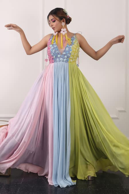 Buy Kiran Kalsi Multi Color Chiffon Embroidery V-neck Floral Bodice Gown Online at Aza Fashions Buy_Kiran Kalsi_Multi Color Chiffon Embroidery V-neck Floral Bodice Gown _Online_at_Aza_Fashions