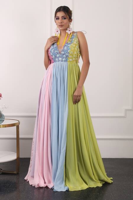 Shop Kiran Kalsi Multi Color Chiffon Embroidery V-neck Floral Bodice Gown Online at Aza Fashions Shop_Kiran Kalsi_Multi Color Chiffon Embroidery V-neck Floral Bodice Gown _Online_at_Aza_Fashions
