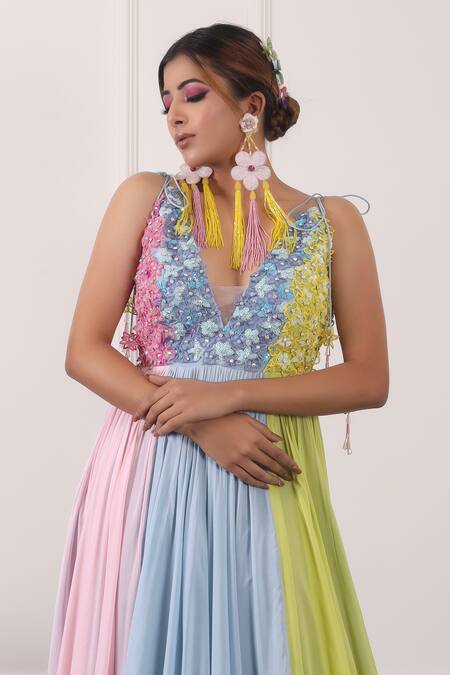 Kiran Kalsi Multi Color Chiffon Embroidery V-neck Floral Bodice Gown at Aza Fashions Kiran Kalsi_Multi Color Chiffon Embroidery V-neck Floral Bodice Gown _at_Aza_Fashions