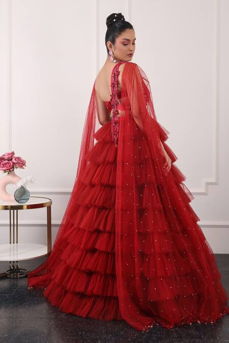 Kiran Kalsi Red Net Sequins Asymmetric Ruffle Layered Lehenga Embroidered Blouse Set Online at Aza Fashions Kiran Kalsi_Red Net Sequins Asymmetric Ruffle Layered Lehenga Embroidered Blouse Set _Online_at_Aza_Fashions