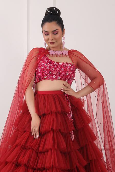 Kiran Kalsi Red Net Sequins Asymmetric Ruffle Layered Lehenga Embroidered Blouse Set at Aza Fashions Kiran Kalsi_Red Net Sequins Asymmetric Ruffle Layered Lehenga Embroidered Blouse Set _at_Aza_Fashions