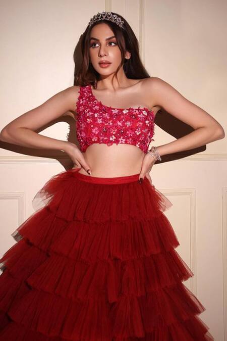 Buy_Kiran Kalsi_Red Net Sequins Asymmetric Ruffle Layered Lehenga Embroidered Blouse Set 