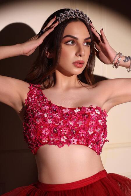 Shop_Kiran Kalsi_Red Net Sequins Asymmetric Ruffle Layered Lehenga Embroidered Blouse Set 