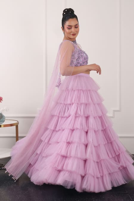 Kiran Kalsi Purple Net Embroidery Asymmetric Ruffle Layered Lehenga Floral Blouse Set Online at Aza Fashions Kiran Kalsi_Purple Net Embroidery Asymmetric Ruffle Layered Lehenga Floral Blouse Set _Online_at_Aza_Fashions