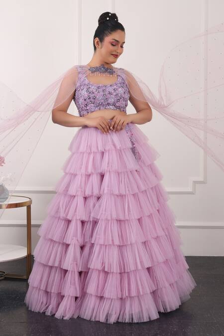 Buy Kiran Kalsi Purple Net Embroidery Asymmetric Ruffle Layered Lehenga Floral Blouse Set Online at Aza Fashions Buy_Kiran Kalsi_Purple Net Embroidery Asymmetric Ruffle Layered Lehenga Floral Blouse Set _Online_at_Aza_Fashions