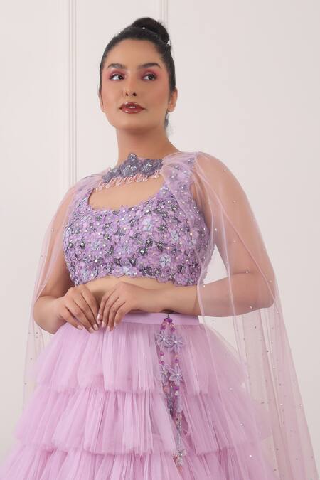 Kiran Kalsi Purple Net Embroidery Asymmetric Ruffle Layered Lehenga Floral Blouse Set at Aza Fashions Kiran Kalsi_Purple Net Embroidery Asymmetric Ruffle Layered Lehenga Floral Blouse Set _at_Aza_Fashions