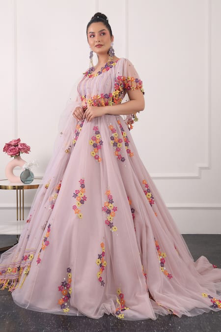 Kiran Kalsi_Purple Net Embroidery Scoop Neck 3d Floral Lehenga Set_Online_at_Aza_Fashions